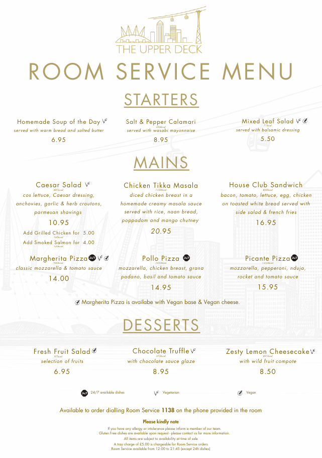 Preview of the room service menu